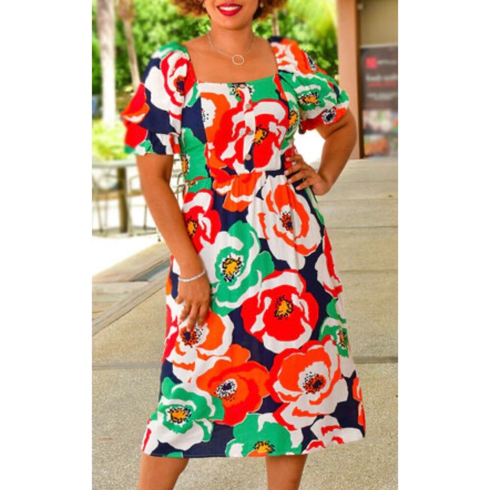 Vibrant Floral Midi Dress Size L NWT Puff Sleeve Linen Blend Summer Events Dress - Picture 2 of 9